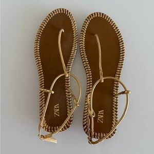 Zara Metallic Gold Braided-Edge Thong Sandals 9/40